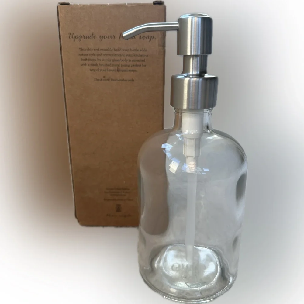 CLEAR GLASS SOAP DISPENSER WITH BRUSHED SILVER PUMP GROVE REUSABLE HAND DISH b